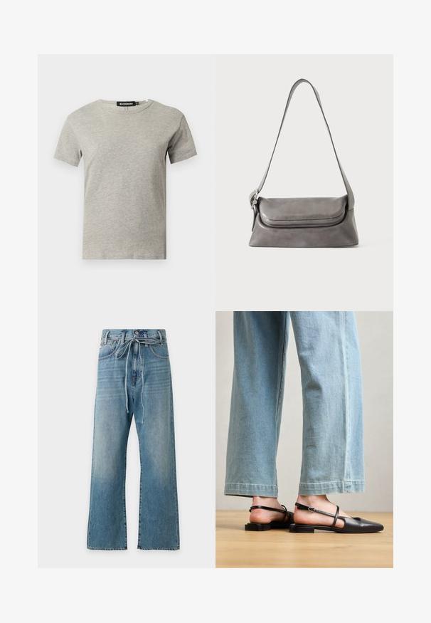 Svetlosivé bavlnené tričko s krátkym rukávom a okrúhlym výstrihom, s viditeľnou čiernou štítkom vo vnútri goliera s nápisom "DENIM" a veľkosťou "S".; Modré rifle s vysokým pásom, širokými nohavicami a zaväzovacím textilným opaskom v páse, zobrazené na jednoduchom svetlom pozadí.; Čierne kožené sandále na opätku s špicatou špičkou, plochým podpätkom a remienkom okolo členka; nosené s svetlomodrými voľnými džínsami.; Šedá kožená kabelka cez rameno s zakrivenou chlopňou a dlhým tenkým remienkom visiacim na bielom pozadí.