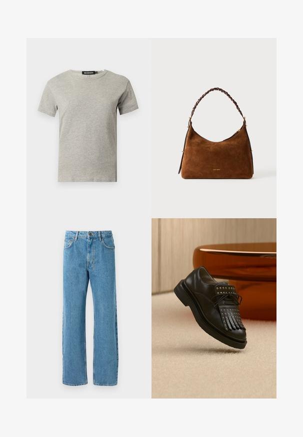 Lysegrå kortærmet crew neck bomulds T-shirt med synligt sort mærke inde i kraven med teksten "DENIM" og størrelse "S".; Lyseblå denimjeans med løs pasform, høj talje, fire lommer og lynlås. Klassisk fem-lomme design.; Sort læder snøresko med dekorativ frynse og metalnitter placeret på beige tæppe nær brunt møbel.; Brun ruskind håndtaske med et fletarbejde af brunt læderhåndtag, buet form, guldfarvede metaldele og præget brandlogo på forsiden.