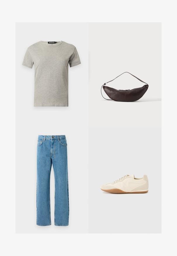 Lysegrå kortærmet crew neck bomulds T-shirt med synligt sort mærke inde i kraven med teksten "DENIM" og størrelse "S".; Lyseblå denimjeans med løs pasform, høj talje, fire lommer og lynlås. Klassisk fem-lomme design.; Lyse beige sneakers med en tekstureret læderoverdel, teksturerede sider og en gummisål. Har et slankt, strømlinet design og flade snørebånd.; Mørkebrun læder skuldertaske i halvmåneform med buet rem og synlige syninger på ensfarvet baggrund.
