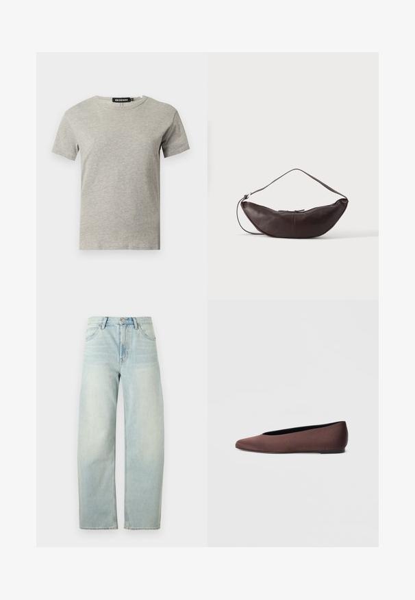 T-shirt en coton gris clair à manches courtes et col rond avec une étiquette noire visible à l'intérieur du col indiquant "DENIM" et la taille "S."; Jean taille haute bleu clair, coupe droite, avec bouton à l'avant et poches, présenté sur un fond blanc uni.; Ballerines en tissu marron avec un bout pointu et une texture lisse, dotées d'un talon bas et d'une fine semelle noire. Aucune motif ni élément métallique visible.; Sac d'épaule en cuir marron foncé en forme de croissant avec une lanière courbée et des coutures visibles sur fond uni.