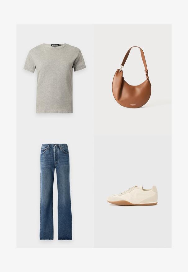 Lysegrå kortærmet crew neck bomulds T-shirt med synligt sort mærke inde i kraven med teksten "DENIM" og størrelse "S".; Blå denimjeans med lige ben, der har fem lommer, knaplukning og let falmede effekter med subtile slidmærker.; Lyse beige sneakers med en tekstureret læderoverdel, teksturerede sider og en gummisål. Har et slankt, strømlinet design og flade snørebånd.; Brun læder skuldertaske formet som en halvmåne med justerbar rem og lille sølv logo tekst i bunden midt.