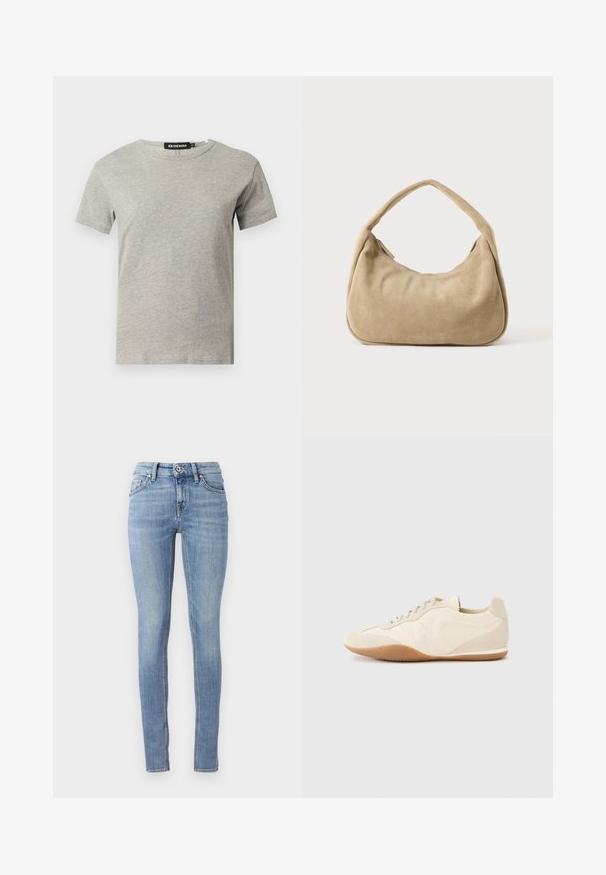 Hellgraues kurzärmeliges Baumwoll-T-Shirt mit Rundhalsausschnitt und sichtbarem schwarzem Label im Kragen mit der Aufschrift "DENIM" und Größe "S".; Hellblaue Skinny-Jeans aus Denim, mit einem normalen Bund, fünf Taschen und Kontrastnähten entlang der Nähte.; Hellbeige Sneaker mit strukturiertem Lederupper, strukturierten seitlichen Einsätzen und einer Gummisohle. Verfügt über ein schlankes, stromlinienförmiges Design und flache Schnürsenkel.; Kleine beige Wildleder-Schultertasche mit weichem, geschwungenem Design und einem einzelnen dicken Riemen vor einfarbigem Hintergrund.