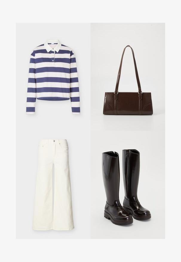 Rugbyshirt met lange mouwen met marineblauwe en witte horizontale strepen en een witte kraag, voorzien van een twee-knopenknoopsluiting.; Witte denim jeans met wijde pijpen, vijf zakken en een knoopsluiting, plat liggend tegen een lichte achtergrond.; Glanzende zwarte kniehoog laarzen met dikke zolen en een ritssluiting aan de zijkant op een effen witte achtergrond.; Bruine lakleren handtas met een rechthoekige vorm, twee lange handvatten en subtiele gebogen accenten aan de voorkant.