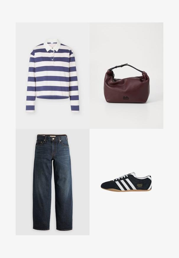 Langärmeliges Rugbyshirt mit marineblauen und weißen horizontalen Streifen und weißem Kragen, mit einer zweiknöpfigen Knopfleiste.; Dunkelblaue Jeans aus Denim mit einem geraden Bein-Design, Fünf-Taschen-Stil und Steppnähten sowie einem Knopfverschluss.; Schwarze Wildledersneaker mit drei weißen Streifen, goldenem Logo und brauner Gummisohle. Merkmale ein niedrigprofiliertes Schnürdesign.; Burgundyledertasche mit weicher, zerknitterter Textur, einem schwarzen, verstellbaren Tragegurt und einem Reißverschluss. Beinhaltet ein dezentes Logo an der Unterseite.