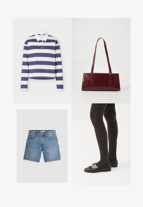 Rugbyshirt met lange mouwen met marineblauwe en witte horizontale strepen en een witte kraag, voorzien van een twee-knopenknoopsluiting.; Leren denim shorts in lichtblauw, met een rechte snit, vijf zakken en een knoopsluiting. Gemaakt van katoen met een gladde textuur.; Benen met donkere geribbelde leggings gecombineerd met zwarte ballerina's met kleine strikdetails op een witte achtergrond.; Bourgondische handtas van glanzend materiaal, rechthoekige vorm, met twee schouderbanden en subtiele gebogen accenten aan de voorkant.