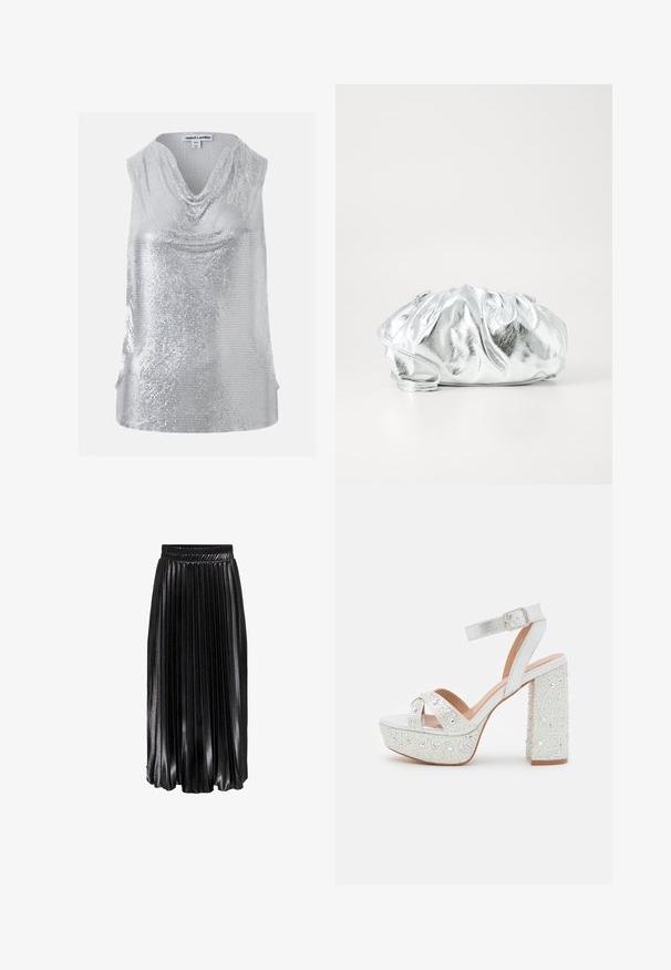 Zilverkleurige mouwloze pailletten top met gedrapeerde col, maat XS/S, merk Jaded London.; Zwarte plissé midi rok met een glanzende afwerking, elastische tailleband en opvallende verticale plooien, die een textuur- en vloeiend uiterlijk bieden.; Witte plateausandalen met een metallic afwerking, voorzien van twee gekruiste banden, een enkelband en een blokhak versierd met fonkelende edelstenen.; Metalen zilveren clutch tas met een zachte, geplooide body en een dunne schouderriem. Kenmerkt zich door een gladde, glanzende textuur en afgeronde vorm.