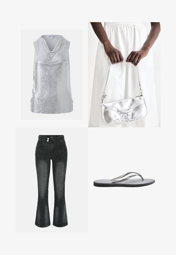 Zilverkleurige mouwloze pailletten top met gedrapeerde col, maat XS/S, merk Jaded London.; Zwart gewassen denim jeans met hoge taille, dubbele knoopsluiting, voorzakken en licht uitlopende pijpen.; Enkele zilveren en witte teenslipper met een getextureerd voetbed en patroonbandjes, zijaanzicht op een witte achtergrond.; Zilveren metalen handtas met vetersluiting, met een strak ontwerp en een korte schouderriem. De tas wordt vastgehouden in de handen, waardoor de textuur goed tot zijn recht komt.