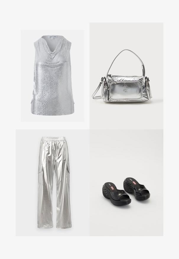 Top sans manches argenté à sequins avec un col bénitier drapé, taille XS/S, marque Jaded London.; MCM METALLIC PANTS - Pantalon cargo - silver; Melissa MELISSA QUANTUM PLATFORM X DIESEL AD - Sandales de bain - black; Sac à main en argent métallique de forme rectangulaire, avec une fermeture éclair sur le dessus et une poche avant. Il est doté d'une courte poignée et d'une sangle réglable. Fini texturé.
