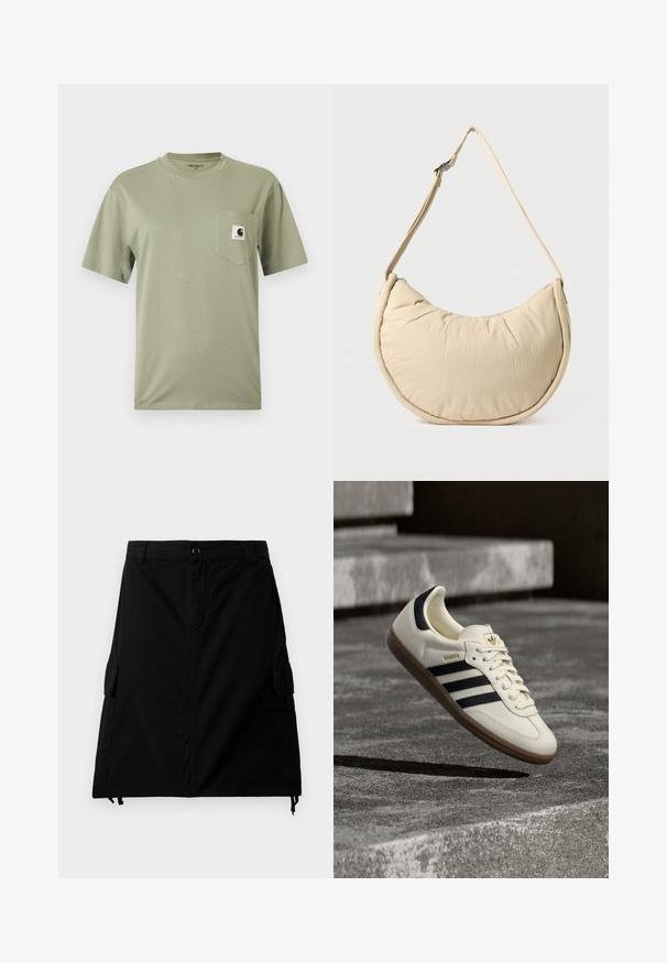 Olivovo zelené tričko s krátkym rukávom a okrúhlym výstrihom so zapínaním v oblasti hrudníka a malým logom Carhartt.; Čierna cargo sukňa vyrobená z bavlneného zmesi s rovným strihom, obsahujúca bočné vrecká, predné zapínanie na gombík a nastaviteľný lem so šnúrkou.; Biela teniska Adidas Samba s čiernymi pruhmi a gumovou podrážkou, vznášajúca sa nad textúrovanými sivými betónovými schodmi.; Béžová polmesiacová kabelka na rameno s mäkkou, vypchávkovou textúrou. Má nastaviteľný popruh a zipsový uzáver pozdĺž hornej hrany.