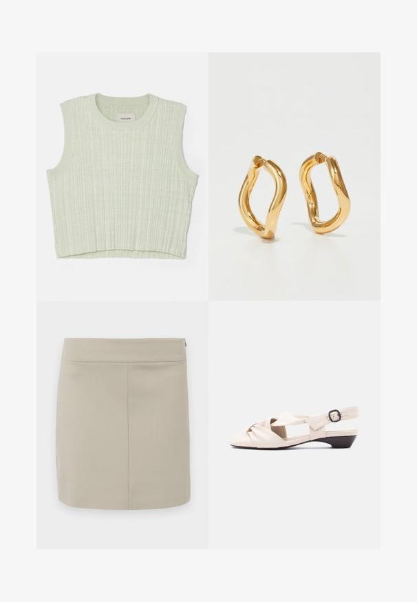 Lys grøn ribbet tanktop med rund halsudskæring og uden ærmer. Blød tekstur med en let cropped længde. Mærke synligt indeni.; Beige miniskirt lavet af glat stof, med en lige skæring, enkelt design og en skjult lynlås i siden.; Beige damesandal med lav hæl, knude foran på stroppen, slingback-stroppen om anklen og sort spænde på hvid baggrund.; Guldfarvede hoops øreringe med en buet, uregelmæssig form og en glat, poleret overflade. Ingen synligt hardware eller dekorationer.