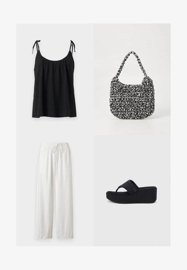 Haut noir sans manches avec encolure froncée et fines bretelles nouées en petits nœuds sur un fond neutre.; Pantalon ample en lin blanc avec taille élastique et cordon, présenté à plat sur un fond neutre.; Sandale tong à plateforme noire avec une large bride et un design à lanière d'orteil. Fabriquée en matériau lisse, avec une semelle rembourrée et un marquage minimaliste.; Sac en osier noir et blanc de forme arrondie, avec une surface texturée et une poignée tressée. Convient à un usage décontracté.