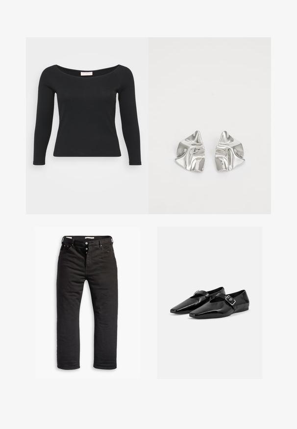 T-shirt noir à manches longues en tissu côtelé, avec un col rond large et une coupe ajustée.; Jean en denim noir avec une coupe droite, comprenant une fermeture à bouton, cinq poches et des détails de couture subtils. Texture lisse.; Paire de chaussures plates en cuir verni noir à bouts pointus avec une bride à boucle sur le dessus, montrée sur un fond clair uni.; Boucles d'oreilles en métal argenté avec un design ondulé et sculptural, présentant une finition polie et des formes irrégulières, mettant en valeur une esthétique contemporaine.