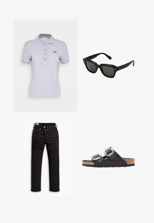 Lacoste PF5462_001 - Poloshirt - silver chine; Schwarze Straight-Leg-Jeans mit Knopfverschluss, Vorder- und Gesäßtaschen sowie Kupfennieten auf einem weißen Hintergrund.; Schwarze Sandale mit zwei verstellbaren Riemen, silbernen Schnallen und einem Korkfußbett auf einer strukturierten schwarzen Gummisohle.; Schwarze quadratische Sonnenbrillen mit dunkelgrünen Gläsern, ausgestattet mit markanten Rahmen und silbernen Akzenten an den Seiten. Hergestellt in Italien.
