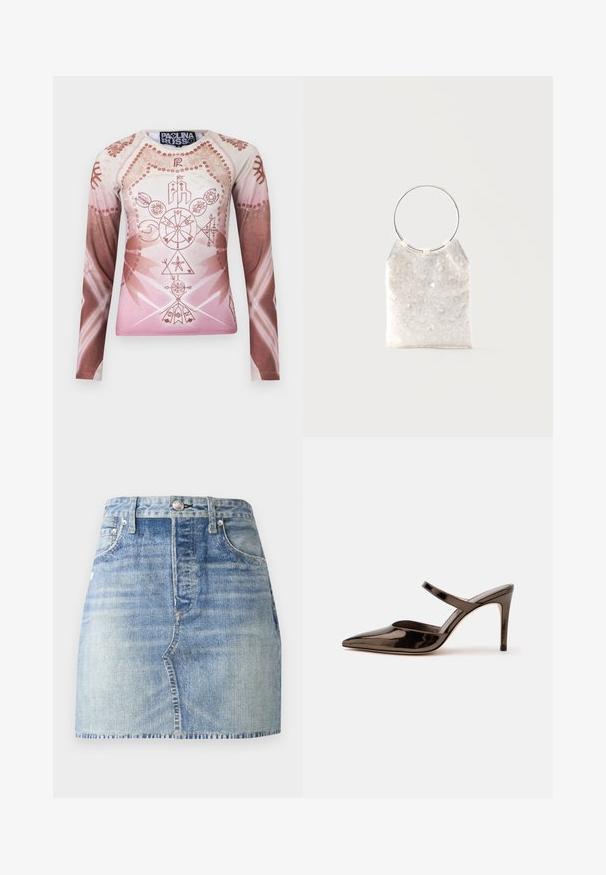 Langærmet skjorte i gradientnuancer af lys pink og brun, med detaljerede geometriske og blomsterlige grafikker, lavet af glat stof.; Denimnederdel i lyseblå vask, med høj talje og tætsiddende design, frynset kant og klassisk fem-lomme-stil. Søjlehardware i sølv.; Skinnende mørkebrune mule med spids tå og høje hæle med en tynd rem over foden på en ensfarvet hvid baggrund.; Hvid silkekvadratisk taske med sølv blomster pailletter og et stort sølv metal rundt håndtag på en ensfarvet baggrund.