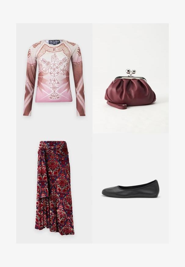 Pikkade varrukatega särk, millel on kergete roosa ja pruuni gradienttooni, millel on keerukad geomeetrilised ja lillemotiivid, valmistatud siledast kangast.; Rabanne Maksiseelik - tapestry/navy/burgundy/red/cream; Musthave mustika tantsutossud mustast nahast, ümmarguse varbaga, siledast tekstuurist, minimaalse õmblusdetailiga ja paindliku tallakujundusega.; Väike burgundia värvi nahast käekott hõbedase metallist klambri ja randmerihmaga valgel taustal.