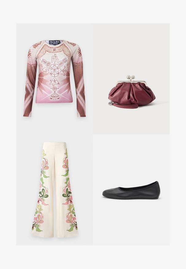 Langærmet skjorte i gradientnuancer af lys pink og brun, med detaljerede geometriske og blomsterlige grafikker, lavet af glat stof.; Bredde bukser i cremet stof med farverige blomster mønstre i pink og grøn langs siderne. Glat tekstur, design med bred ben.; Sort læderballetsko med rund tå, glat tekstur, minimal syning og et fleksibelt såldesign.; Lille bordeaux rød læder clutch-pung med sølv metal lukning og håndledsrem på hvid baggrund.
