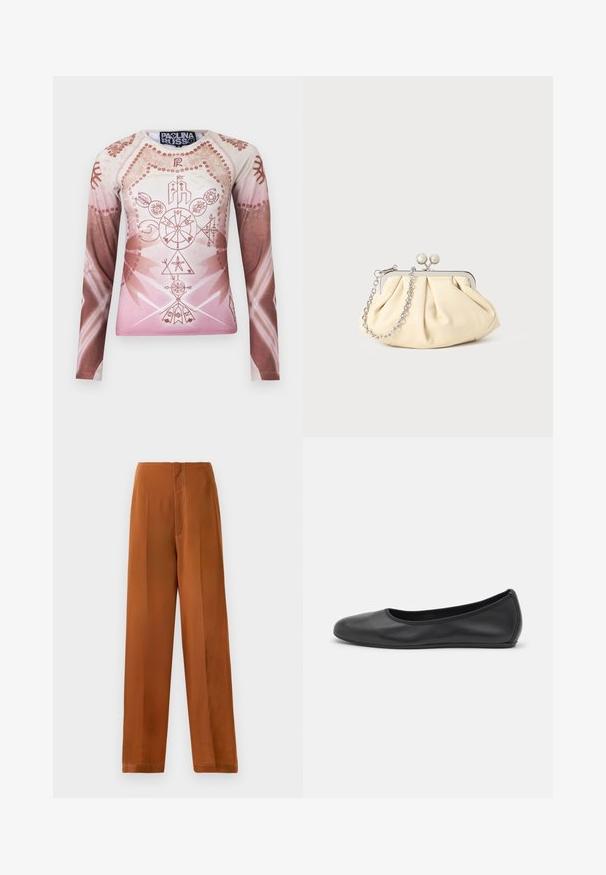 Chemise à manches longues dégradée dans des teintes de rose clair et de marron, ornée de graphiques géométriques et floraux complexes, fabriquée en tissu lisse.; Pantalons à jambes larges d'une couleur brun chaud, avec une texture lisse, une taille haute et des coutures blanches contrastantes le long des coutures.; Ballerines en cuir noir avec un bout rond, texture lisse, détails de couture minimalistes et design de semelle flexible.; Pochette en cuir beige plissé avec un cadre en métal argenté, dotée de deux fermoirs ronds décoratifs et d'une chaîne en argent.