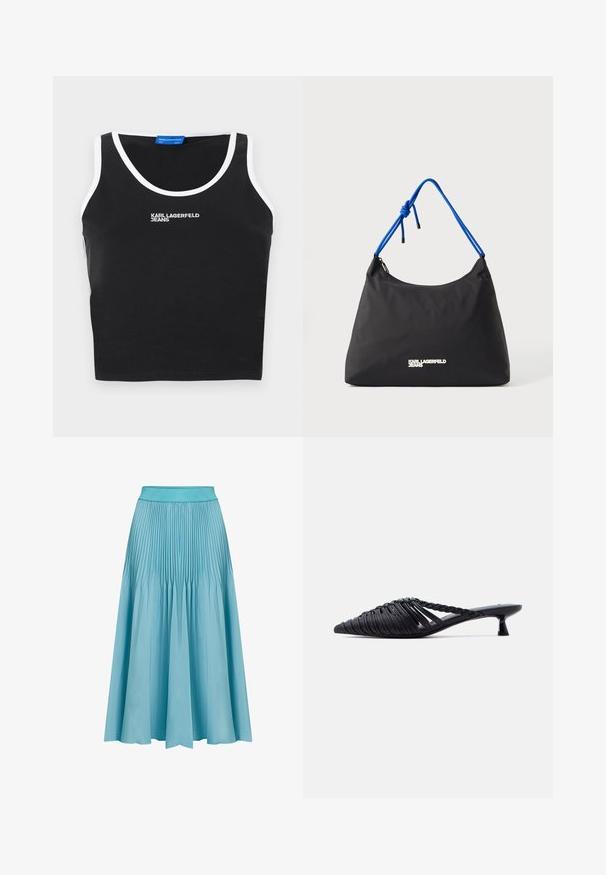 Haut court noir sans manches avec bordure blanche autour du col et des bras, affichant le texte "KARL LAGERFELD JEANS" brodé en blanc sur le devant.; Jupe midi plissée en bleu clair. Dotée d'une large taille, d'une forme fluide et de plis verticaux qui ajoutent de la texture et du mouvement.; Mule en cuir noir tressé avec bout pointu, petit talon kitten bas et détail de sangle tressée sur fond blanc.; Sac en nylon noir de forme arrondie, avec une poignée à cordon bleu et un détail logo argenté. Texture lisse et fermeture éclair.