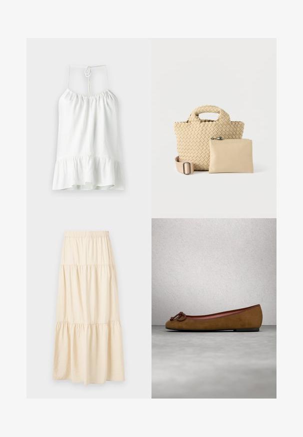 Blouse sans manches blanche en tissu léger. Présente un col froncé et un ourlet volanté évasé. Se ferme par un nœud au dos.; Jupe beige à volants avec une ceinture élastique et trois sections froncées créant une coupe fluide et ample.; Ballerine en suède marron avec un bout arrondi, présentant un détail noué à l'avant, un fin liseré rouge et une semelle plate noire.; Sac à main beige tissé avec une surface texturée et des poignées arrondies, accompagné d'une pochette zippée lisse dans une teinte assortie.
