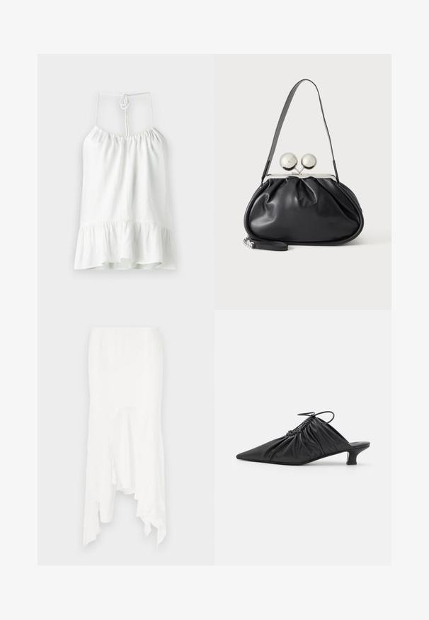 Blouse sans manches blanche en tissu léger. Présente un col froncé et un ourlet volanté évasé. Se ferme par un nœud au dos.; Jupe asymétrique blanche en tissu léger, avec des bords volants et des découpes, créant une silhouette fluide.; Mules noirs en cuir à enfiler avec un bout pointu, une texture froncée et un petit talon aiguille. Présente un détail à cordon au niveau de l'ouverture.; Sac à main en cuir noir avec un design plissé, une sangle unique, un cadre métallique argenté et deux grandes fermoirs ronds en argent.