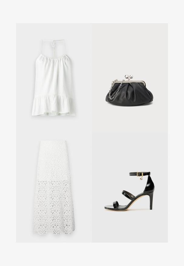 Blouse sans manches blanche en tissu léger. Présente un col froncé et un ourlet volanté évasé. Se ferme par un nœud au dos.; Maje JOZIMALO - Jupe longue - ecru; Sandale en cuir verni noir avec trois brides, boucle de cheville et talon aiguille de 10 cm. Présente un détail en métal doré et un charm logo.; Porte-monnaie en cuir noir avec texture froncée, cadre en métal argenté, fermeture à verrouillage kiss-lock et bandoulière en chaîne. Surface lisse et douce.