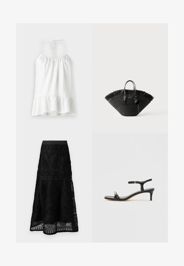 Blouse sans manches blanche en tissu léger. Présente un col froncé et un ourlet volanté évasé. Se ferme par un nœud au dos.; Jupe midi noire en tissu de dentelle superposée avec des détails de broderie florale et géométrique.; Sandale noire en cuir à talon avec bride à la cheville, bout ouvert, devant carré et accent en métal argenté. Design ajusté avec un profil élégant.; Sac fourre-tout tissé noir avec une large forme en éventail, bord supérieur frangé, deux poignées et un noeud décoratif sur une des poignées.
