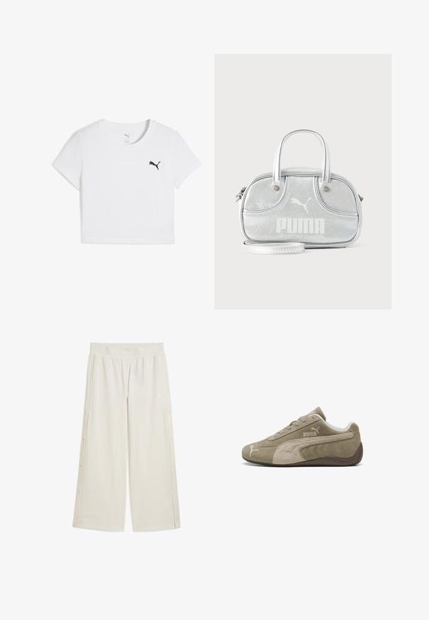 T-shirt court à manches courtes en coton blanc, avec un logo Puma noir sur la poitrine gauche, col rond et ourlet propre.; Pantalons larges beiges avec une taille élastique, des fermetures à pression sur le côté et un petit logo à l'avant. Fabriqués dans un matériau léger et lisse.; Baskets en daim marron clair avec des accents plus foncés, présentant un design bas, un système de laçage et un logo de marque sur le côté.; Petit sac à main Puma argent métallisé avec deux poignées supérieures, une longue bandoulière, logo sur le devant et fermeture zippée sur fond uni clair.