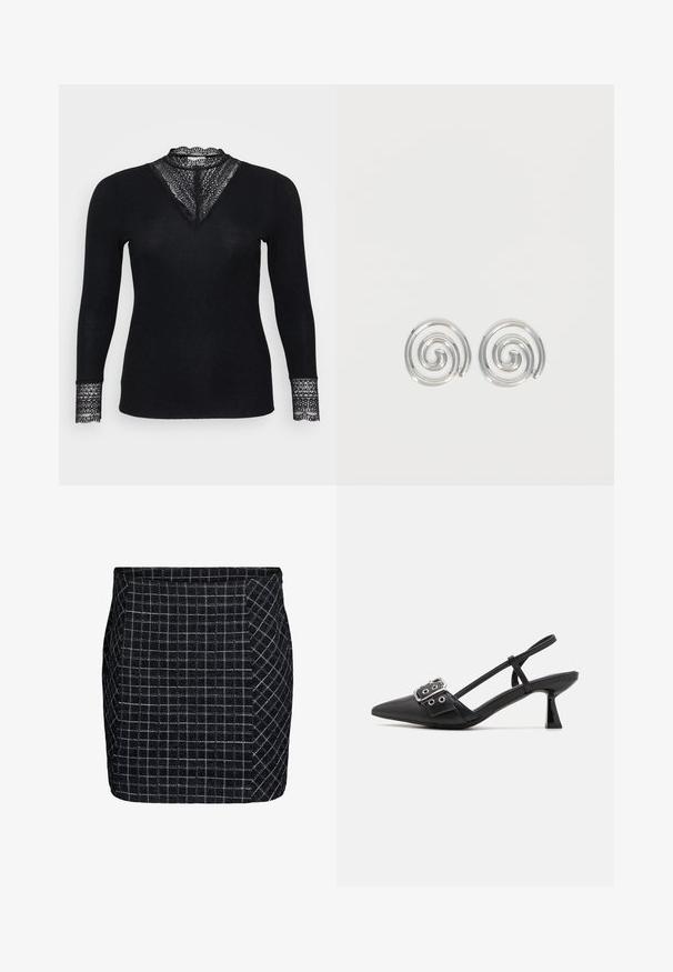 Zwarte longsleeve top met een geribbelde textuur, voorzien van kantaccenten bij de halslijn en mouwboorden, en een V-vormig halsontwerp.; Zwarte rok met een gestructureerd, ruitpatroon. Beschikt over een rechte snit en een gladde afwerking. Geen zichtbare hardware of accenten.; Simmi London DALA - Klassieke pumps - black; Een paar zilveren spiraalvormige oorringen met een glad, afgerond ontwerp op een effen witte achtergrond.