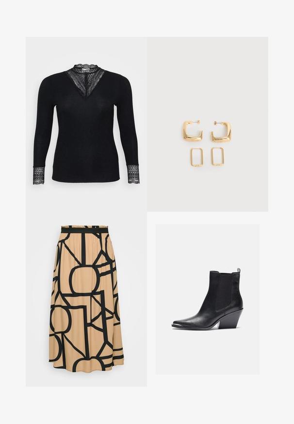 Sort langærmet top med ribbet tekstur, der har blonde detaljer ved udskæringen og ærmeenderne samt en V-formet udskæring.; En lang beige nederdel med et sort geometrisk mønster. Funktioner et elastisk taljebånd og en glat stoftekstur. Rundet søm i bunden.; Sorte læder ankelstøvler med spids tå, elastiske sidepaneler og blokhæl. Finishen er glat med et strømlinet design.; To par guldfarvede geometriske hoop-øreringe på en ensfarvet hvid overflade, et par firkantede og solide, et par rektangulære og hule.