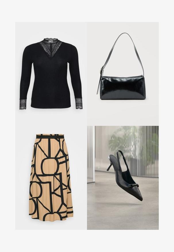 Top negro de mangas largas con textura acanalada, que presenta detalles de encaje en el escote y en los puños de las mangas, y un diseño de escote en forma de V.; Una larga falda beige con un patrón geométrico negro. Presenta una cinturilla elástica y una textura de tela suave. Con dobladillo redondeado en la parte inferior.; Zapato de tacón alto slingback de cuero negro texturizado con punta picuda y una pequeña hebilla decorativa, flotando sobre un suelo liso.; Bolso de hombro rectangular negro con una correa ajustable y un cierre de cremallera superior sobre un fondo liso.