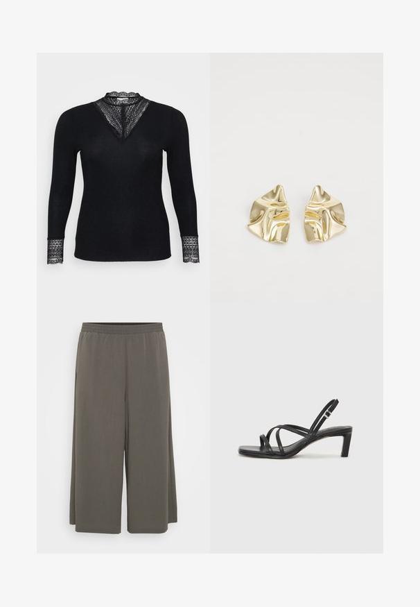 Zwarte longsleeve top met een geribbelde textuur, voorzien van kantaccenten bij de halslijn en mouwboorden, en een V-vormig halsontwerp.; Grijze wijde broek met een elastische tailleband, gemaakt van een zachte, lichte stof, met een gladde textuur en zonder zichtbare patronen.; Zwarte sandaal met bandjes, vierkante teen en een lage blokhak. Voorzien van meerdere dunne bandjes en een verstelbare enkelband. Gemaakt van zacht leer.; Gouden metallic oorbellen met een golvend ontwerp; glad, weerspiegelend oppervlak; asymmetrische vorm; geen zichtbare patronen of hardware.
