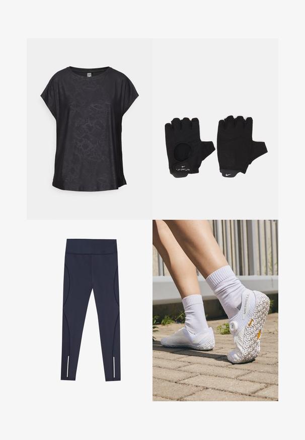 Sort kortærmet top i glat stof med et subtilt reptilmønster, rund hals og løs pasform for nem bevægelse.; Navy blå leggings lavet af strækbart stof, med en høj talje og buede sidesømme, samt reflekterende detaljer ved anklerne.; Hvide Merrell-sko med en tekstureret sål, der har en BOA-dial lukning og en perforeret mesh-overdel, båret med hvide sokker.; Sorte fingerløse handsker med et tekstureret design. Lavet af et åndbart materiale, med en tommelfingeråbning og forstærket håndflade for bedre greb.