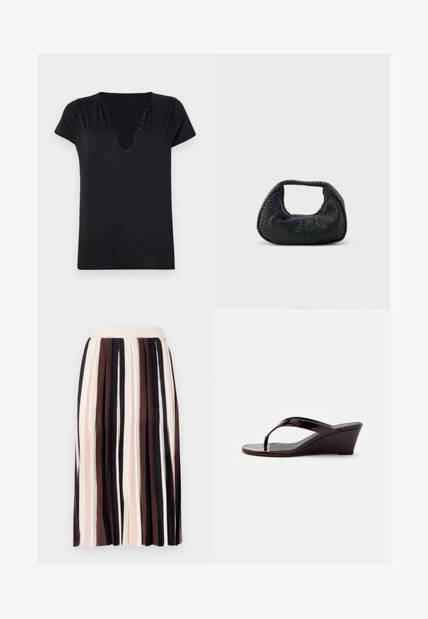 T-shirt noir à manches courtes avec un décolleté en V profond et cinq boutons décoratifs le long de l'encolure. Tissu lisse avec une coupe décontractée.; Jupe plissée à rayures verticales dans des nuances de marron foncé, rose clair et crème, avec une taille ajustée et un tissu doux et texturé.; Sandale compensée en cuir verni marron avec bride entre les orteils et bout ouvert, vue de profil sur un fond uni.; Sac hobo tissé noir avec une structure souple et une poignée intégrée, présenté sur un fond clair uni.