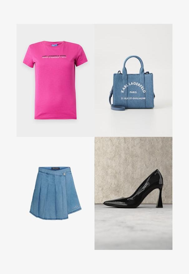 Roze katoenen T-shirt met een ronde hals, korte mouwen en een zwart logo ontwerp op de voorkant, met een strak, modern lay-out.; Denim rok in lichtblauw met geplooid ontwerp, metalen knoopsluiting en geborduurd detail aan de zoom. Gladde textuur en A-lijn vorm.; Zwarte lakleren hoge hak schoen met een spitse neus en een gebogen, schuine stiletto hak, zwevend boven een gladde, lichtgekleurde vloer.; Jeans handtas met dubbele handgrepen aan de bovenkant en een afneembare schouderriem. Voorzien van wit tekstlogo en gestructureerde rechthoekige vorm.