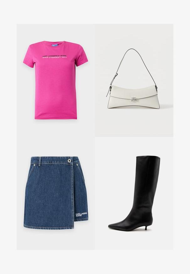 Lyserød bomulds t-shirt med rund halsudskæring, korte ærmer og et trykt logodesign i sort foran, der har et elegant, moderne layout.; Denim nederdel i mørkeblå med indpakningsdesign, sølvhardware og hvid "KARL LAGERFELD JEANS" logo broderi ved kanten.; Sort læder knæhøj støvle med spids snude og lav kittenhæl mod en ensfarvet lys baggrund.; Hvid skuldertaske i læder med buet klap, sort kant, justerbar rem og sølv dekorativ spænde på ensfarvet baggrund.