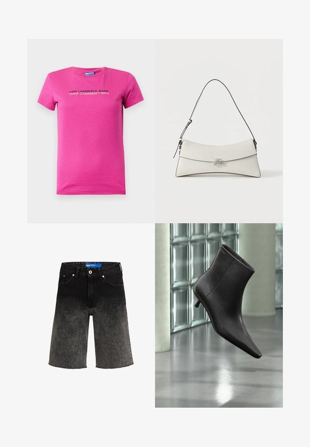 Roze katoenen T-shirt met een ronde hals, korte mouwen en een zwart logo ontwerp op de voorkant, met een strak, modern lay-out.; Zwarte denim shorts met een vervaging van donker naar licht. Heeft een rafelrand, twee voorzakken en een blauwe merklabel op de tailleband.; Zwarte leren enkellaars met puntige neus en lage hak, afgebeeld tegen een glazen blokkenmuur en gepolijste vloer op de achtergrond.; Witte leren schoudertas met gebogen flap, zwarte rand, verstelbare riem en zilveren decoratieve gesp op een effen achtergrond.