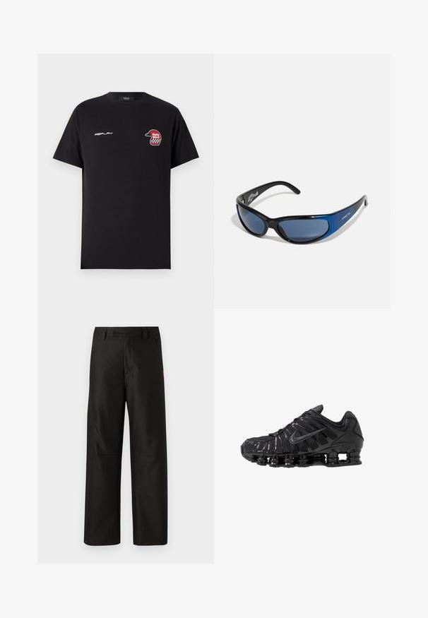 Replay SHORT SLEEVE GRAPHIC - Tričko s potlačou - black; Čierne široké nohavice vyrobené z hladkej látky, s plochým predným dielom, pútkami na opasok a dvoma bočnými vreckami. Červený logo značky zdobí stranu.; Čierne športové topánky vyrobené zo sieťoviny a syntetických materiálov, s výrazným vlnitým dizajnom, čiernou gumovou podrážkou a reflexnými prvkami.; Slnečné okuliare s čiernym plastovým rámom a modrými akcentmi, okolo hlavy, s tmavými sklíčkami, s textúrovanými ramenami a detailom loga.