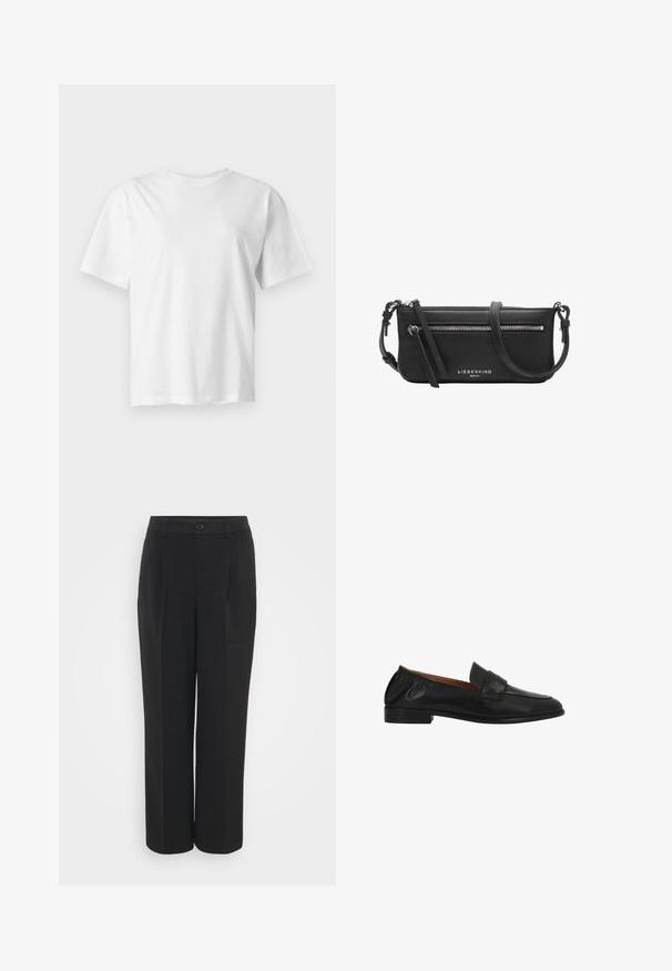 Camiseta blanca lisa de manga corta con cuello redondo, mostrada plana sobre un fondo gris claro.; Pantalones negros de talle alto con una textura suave, frente plisado y cierre de botón único. Diseño de pierna ancha con bolsillos laterales.; Mocasín negro de piel tipo slip-on con tacón bajo, punta redondeada y detalle de tira cosida en la parte superior.; Bolso bandolera de cuero negro con bolsillo frontal con cremallera, correa ajustable y logotipo plateado "Liebeskind Berlin".