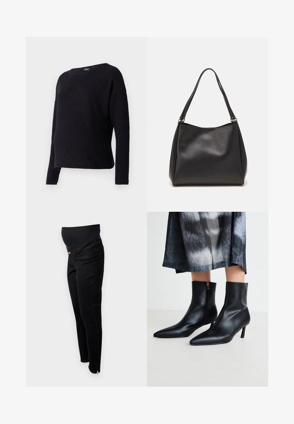 Zwarte trui met lange mouwen, voorzien van een diamantpatroon, ronde halslijn en een losse fit. De stof lijkt zacht en licht gewafeld.; Zwarte zwangerschapsjeans met een rekbare tailleband over de buik, slim fit, enkelritsen en een klassieke vijf-pocketontwerp. Zachte denim structuur.; Zwarte leren enkellaarsjes met een puntige neus en een ritssluiting aan de zijkant, afgewerkt met een taps toelopende hak. Gladde textuur en strak ontwerp.; Zwarte synthetische leren handtas met een zachte textuur, hobo-vorm en dubbele schouderbanden; heeft een glanzende afwerking en een minimalistisch ontwerp.