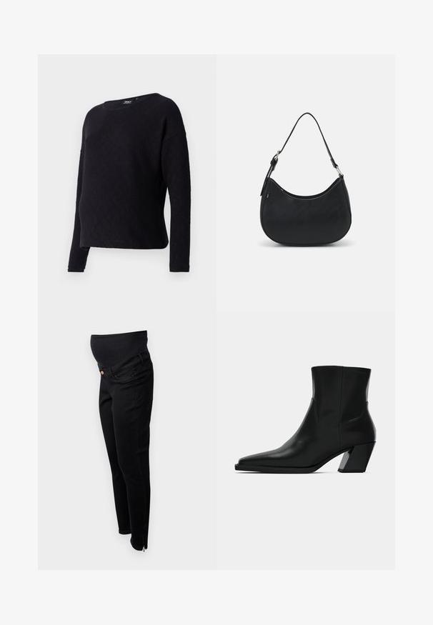 Zwarte trui met lange mouwen, voorzien van een diamantpatroon, ronde halslijn en een losse fit. De stof lijkt zacht en licht gewafeld.; Zwarte zwangerschapsjeans met een rekbare tailleband over de buik, slim fit, enkelritsen en een klassieke vijf-pocketontwerp. Zachte denim structuur.; Zwarte leren enkelboot met een spitse neus, een slanke silhoeet en een chunky vierkante hak. Gladde textuur met minimale stikdetails.; Zwarte hobo tas van soepel leer met een gebogen silhouet, voorzien van een enkele verstelbare schouderriem en minimalistische ontwerpdetails.