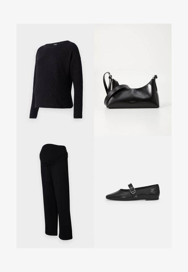 Pull noir à manches longues avec un motif texturé en forme de diamant, col rond et coupe ample. Le tissu semble doux et légèrement texturé.; Pantalon de survêtement de maternité noir avec un cordon de serrage ajustable et un panneau de ventre extensible et de maintien.; Chaussure plate en cuir noir avec un bout arrondi, une seule sangle réglable à boucle et une texture lisse et brillante. Design minimaliste avec un petit talon.; Sac à main en cuir noir avec une texture lisse. Dispose d'une bandoulière adjustable et d'un design élégant et minimaliste avec une fermeture éclair.