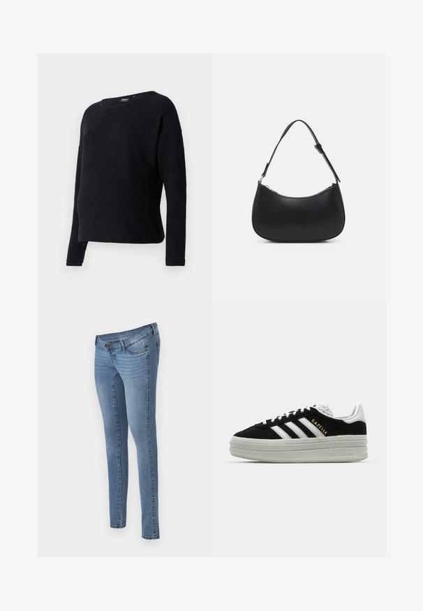 Zwarte trui met lange mouwen, voorzien van een diamantpatroon, ronde halslijn en een losse fit. De stof lijkt zacht en licht gewafeld.; MAMALICIOUS Skinny fit maternity Mid waist - Jeans Skinny Fit - medium blue denim; Zwarte suède sneaker met witte leren accenten, drie witte strepen, platte veters en een dikke grijze platformzool. Gouden "Gazelle" branding.; Pieces PCALUANA SHOULDER BAG - Handtas - black