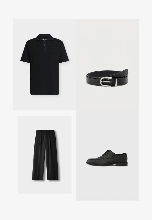 Polo noir manches courtes avec une patte à deux boutons et un col classique, présenté sur un fond gris clair uni.; Pantalon large noir taille haute avec plis à l'avant, poches latérales, passants pour ceinture et fermeture par bouton sur fond gris clair.; Chaussure noire en cuir à lacets avec une finition lisse, un bout arrondi et un petit talon en caoutchouc. Présente des détails de couture subtils sur la tige.; Ceinture en faux cuir noir avec texture crocodile et boucle ronde en argent, enroulée sur un fond blanc uni.
