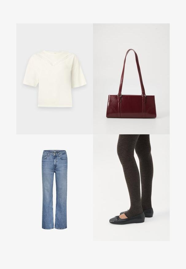 Haut blanc à manches courtes avec une coupe ample et un motif en V délicat en dentelle sur la poitrine et les épaules, présenté sur un fond uni.; Jean en denim bleu taille haute avec jambes droites, fermeture à bouton et zip à l'avant, et design à cinq poches.; Jambes portant des leggings côtelés foncés associés à des ballerines noires avec de petits détails en nœud sur fond blanc.; Sac à main bordeaux en matériau brillant, de forme rectangulaire, avec deux anses et des accents légèrement courbés à l'avant.