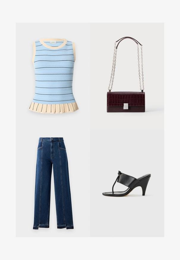 Mouwloos lichtblauw gebreid topje met dunne zwarte horizontale strepen, beige biezen bij de halslijn en armgaten, en een beige gerimpelde zoom.; High-waisted, wide-leg jeans in donkerblauwe denim met voorzakken, contrasterende stitching en rafelige zoomdetails.; Zwarte sandaal met hoge hak, voorzien van een brede voorband en een teenlus met een knoopdetail van koord, vanuit zijaanzicht getoond op een witte achtergrond.; Donker bordeauxrode rechthoekige handtas met krokodillenstructuur klep, zilveren rechthoekige sluiting en dubbele zilveren kettinghengsels met leren schouderstukken.