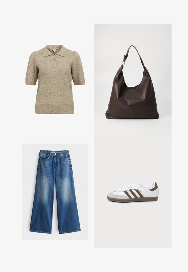 Beige korte mouwen gebreide polo shirt met pofmouwen, een kraag en een vierknops sluiting, gemaakt van gestructureerde stof.; Brede broekspijpen van denim, met een middelblauwe wassing en lichtere vervaging, vijf zakken en een knoopsluiting bij de taille.; Witte en bruine Adidas Samba sneaker met drie bruine strepen, veters en een textuurs van boven- tot zool, getoond vanaf de zijkant op een effen achtergrond.; Zign by Zalando LEATHER - Shopper - chocolate brown