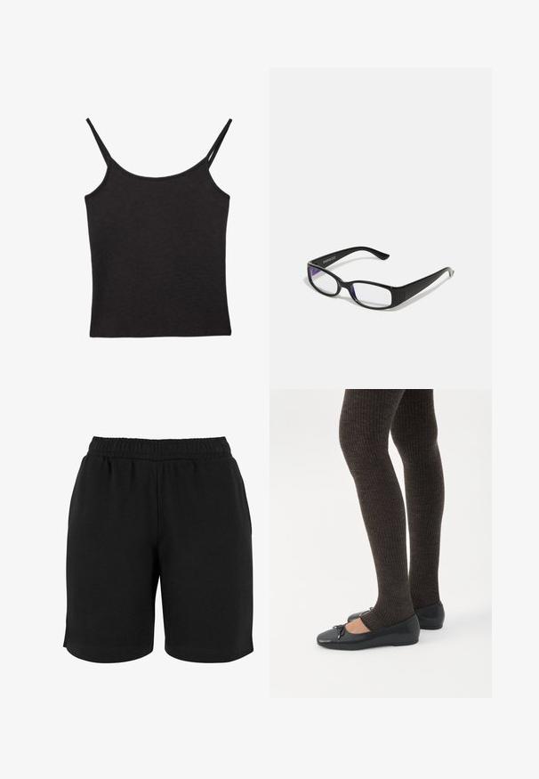 Sort ribstrikket camisole top med tynde dobbelte skulderstropper og en lige halsudskæring, lagt fladt på en hvid baggrund.; Sorte bomulds shorts med elastisk talje, der har en glat tekstur og en simpel pasform. Ingen lommer eller udsmykninger er synlige.; Ben iført mørke ribbede leggings kombineret med sorte balletsko med små sløjfedetaljer på hvid baggrund.; Sorte rektangulære briller med klare linser. Blank finish, smalle stænger, og lilla nuance synlig i kanterne af linsen.