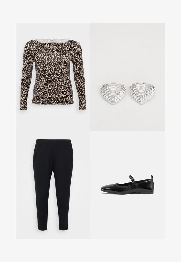 Langærmet top i let stof med en beige bundfarve og sort leopardprintmønster samt en bred, rund halsudskæring.; Sorte bukser med en afslappet pasform, elastisk talje og diskrete plader. Fremstillet af et blødt materiale, med tætsiddende ben og uden lommer.; Sorte patentlæder flade sko med spidse tæer, en ankelrem med spænde og en glat, blank tekstur. Lav hæl for komfort.; Sølvfarvede øreringe med et bølget, tekstureret design, formet som overlappende halvmåner; den polerede overflade fremhæver de reflekterende egenskaber.
