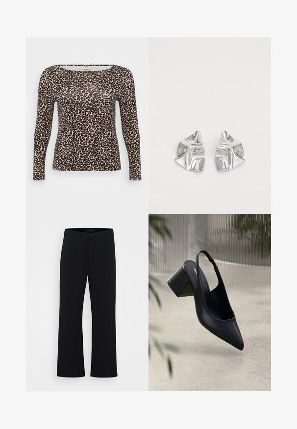 Haut à manches longues en tissu léger avec une base beige ornée d'un motif léopard noir et un large col arrondi.; Pantalons noirs à jambes larges en tissu doux. Dotés d'une taille élastique et d'une texture lisse. Pas de motifs ni d'accents visibles.; Escarpin noir en cuir avec un bout pointu et un talon bloc. Texture lisse, design minimaliste et bride de cheville réglable.; Boucles d'oreilles en métal argenté avec un design ondulé et sculptural, présentant une finition polie et des formes irrégulières, mettant en valeur une esthétique contemporaine.