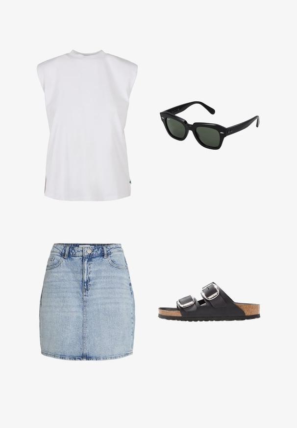 Top sin mangas blanco con un cuello alto, hecho de una tela suave. Presenta aberturas laterales y un pequeño acento verde en el dobladillo inferior.; Mini falda de mezclilla azul claro con cierre frontal de botones y cremallera, trabillas para cinturón y bolsillos delanteros.; Sandal negra con dos correas ajustables, hebillas de plata y una plantilla de corcho sobre una suela de goma negra texturizada.; Gafas de sol cuadradas negras con lentes verde oscuro, con montura audaz y acentos plateados en los laterales. Fabricadas en Italia.